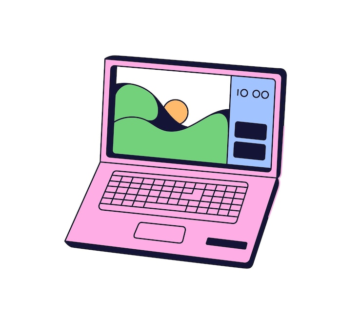 Vector icon van laptop in neo-brutalisme stijl draagbare computer met scherm toetsenbord en touchpad mobiele pc voor het werk uitrusting van de werkplek bureau werkruimte platte geïsoleerde vector illustratie op wit