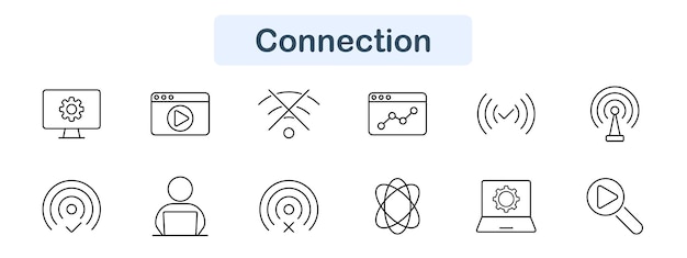 Icon verbinding ingesteld in lijnkunst stijl Monitor browser geen signaalanalyse antenne WiFi laptop gebruiker vector lijnkuns