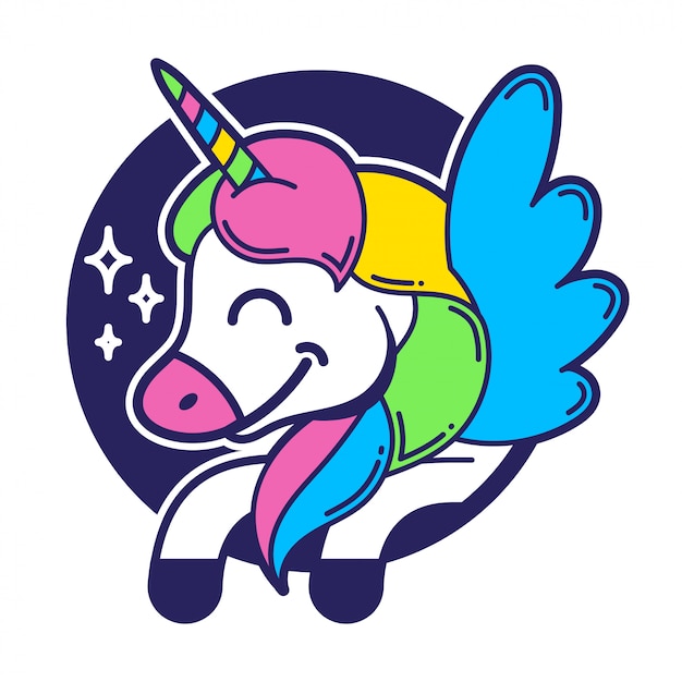 Icona molto carino sorriso fantasia piccolo pony unicorno colorato pegasus che vola nel bellissimo spazio magico cielo. illustrazione moderna design piatto personaggio dei cartoni animati bambini bambini. vestiti con stampa mascotte.