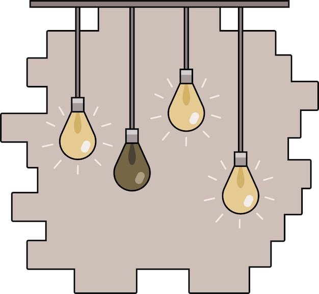 벡터 로프트 스타일의 따뜻한 조명과 벽돌 벽이 있는 4개의 전구 램프가 있는 아이콘