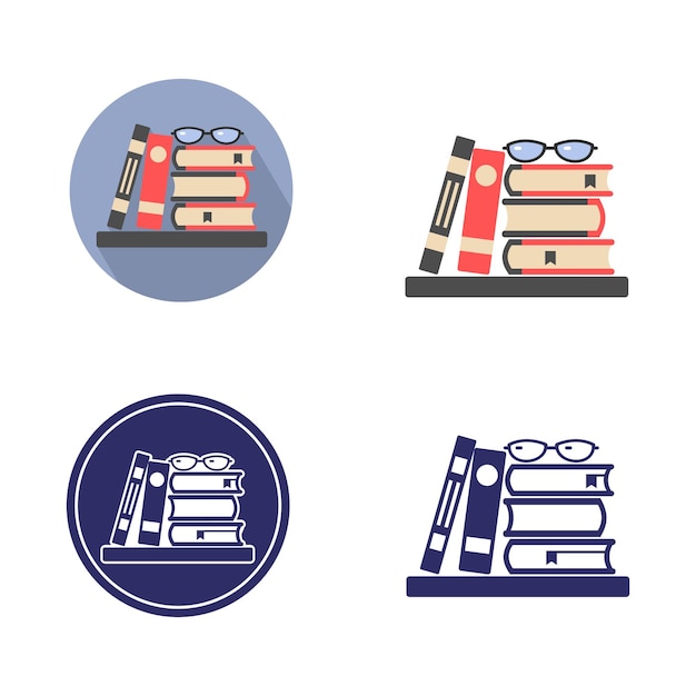 Icon with a stack of books and textbooks and glasses monochrome and color image in a circle