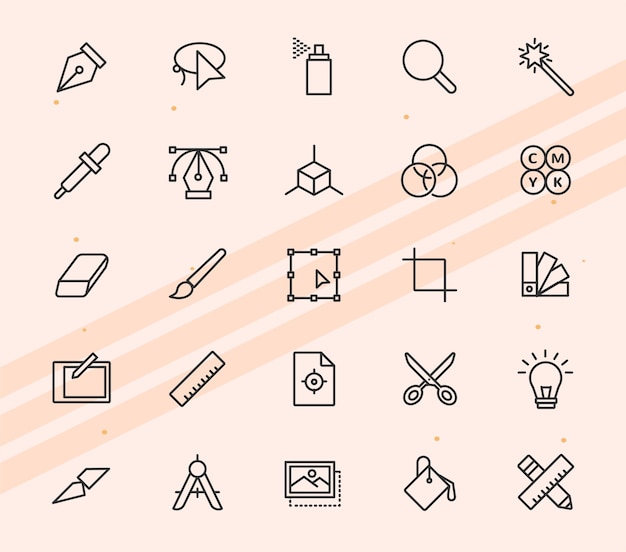 Iconen die grafische ontwerpmiddelen, software en elementen voor creatieve projecten vertegenwoordigen