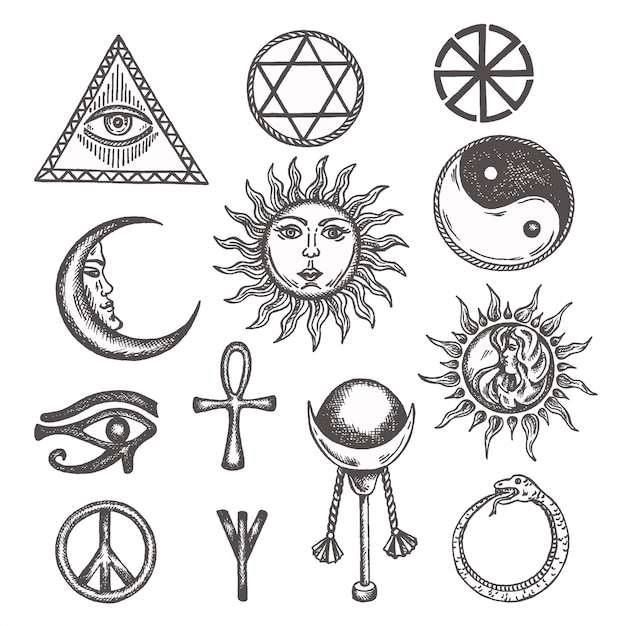 Vector iconen en symbolen van witte magie, occulte, mystieke, esoterische, metselaars eye of providence.