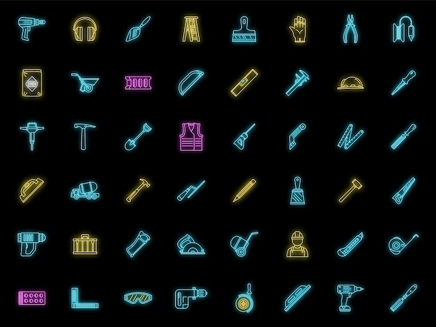 Iconen set van metselwerkers Constructie Outline set van metzelwerkers constructie vector iconen neon kleur op zwart