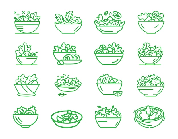 Iconen set voor salades vector set van iconen op het thema van gezond eten