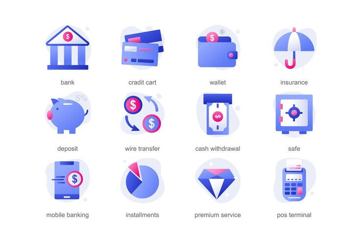 Iconen van banken in een platte cartoonontwerp met blauwe kleuren. Veel kleine foto's in een cartoonontwerpen die alle details van het bankwezen tonen. Vectorillustratie.