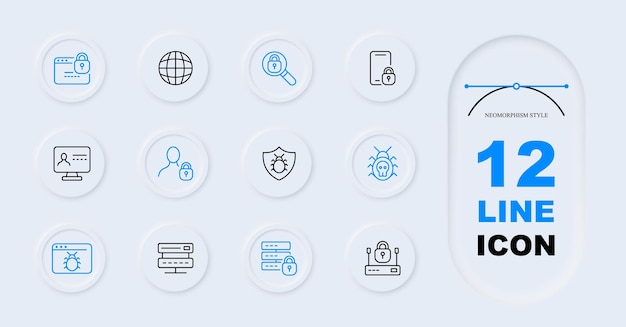 Iconen van beveiligingslijnen ingesteld Smartphone slot wachtwoord sleutel bedrijfs e-mail gegevens informatie Neomorphisme stijl Vector lijn icoon voor Business