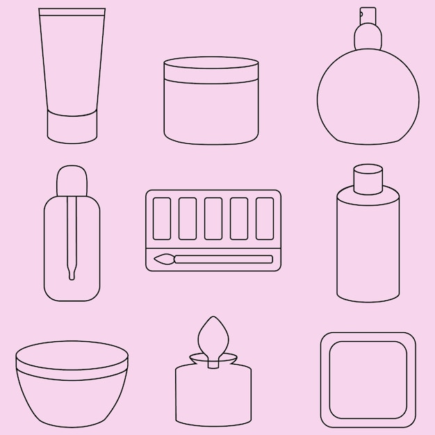 Iconen van cosmetica. Lijn kunst. Eenvoudig. Roze achtergrond. Vectortextuur. Set. Crème, oogschaduw, olie.