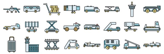 Vector iconen van de grondondersteunende dienst van de luchthaven stellen de vectorkleurlijn in