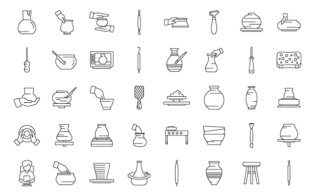 Iconen van de pottenbakkersklasse stellen de omtrek van de vector vast. Kunstenaars ambacht Mensen potten