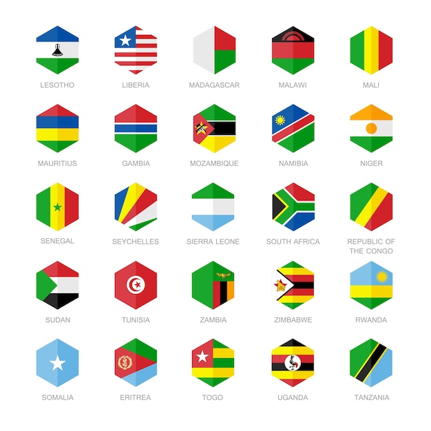 Vector iconen van de vlag van afrika hexagon flat design
