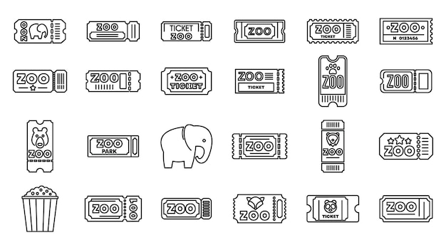 Iconen van dierentuin kaartjes set outline vector Dier apen Natuur kaartje