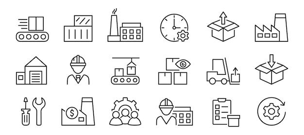 Iconen van fabriekslijnen ingesteld Industrie productieproces productie werknemer magazijn Vector