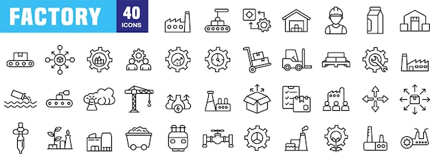 Iconen van fabriekslijnen voor industriële en productieontwerpprojecten