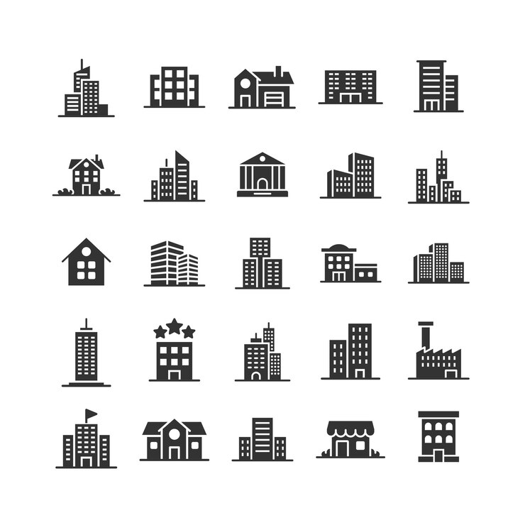 Vector iconen van gebouwen in platte stijl stadswolkenkrabber appartement vector illustratie op witte geïsoleerde achtergrond stadstoren bedrijfsconcept