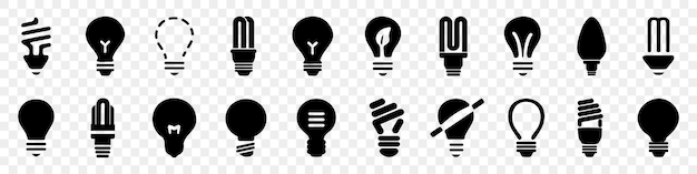 Vector iconen van gloeilampen in zwart iconen van elektrische lampen idea brainstorming energie symbolen verlichting van elektrische lampen borden set van zwarte gloeilampen iconen