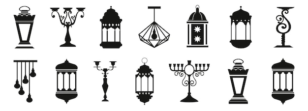 Vector iconen van lampen en kaarsen silhouetten van kaarsen in zwart elegante vintage lampen iconen kaarsen lampen iconen voor religieuze viering traditionele kaarsen iconen