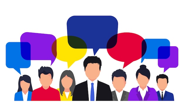 Iconen van mensen met tekstballonnen. Team, denken, vraag, brainstormconcept, idee. Communicatieconcept. Mensen avatars communicatie, praten met betrekking tot feedback, beoordelingen en discussie