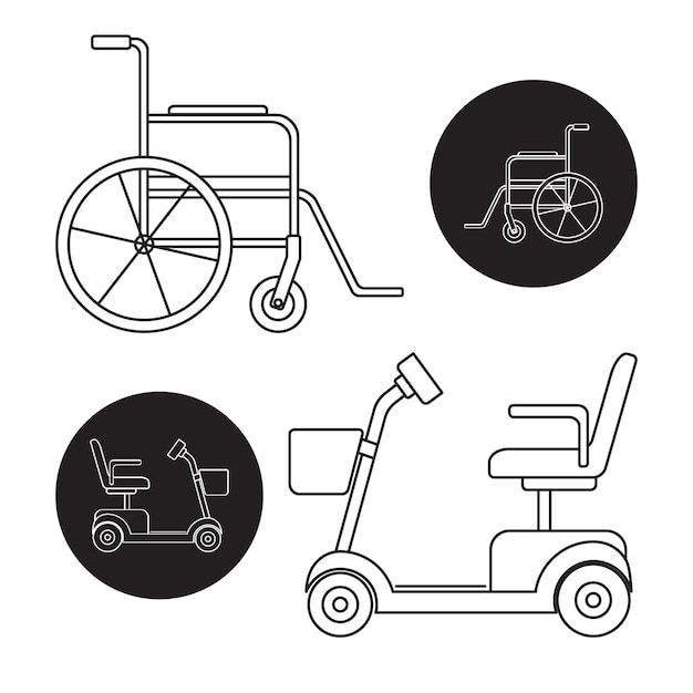 Vector iconen van mobiliteitsscooters en rolstoelen