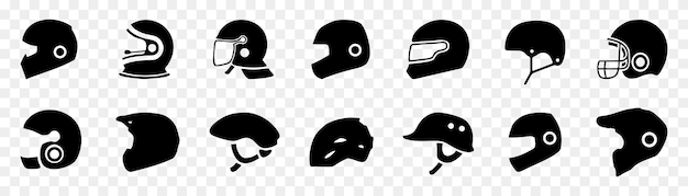 Iconen van motorhelm Set van verschillende auto helm iconen Eenvoudige voertuig helm tekens Zwarte helm iconen