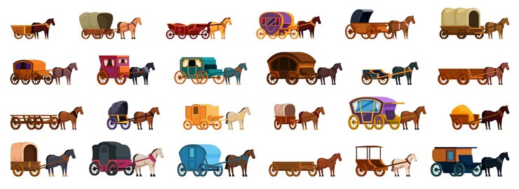 Vector iconen van paardenvoertuigen, set cartoon vector dierenwerk