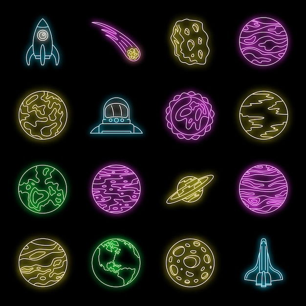 Iconen van planeten in het zonnestelsel Outline set van planeten in Het zonnestelsels Vector icoontjes Neon kleur op zwart