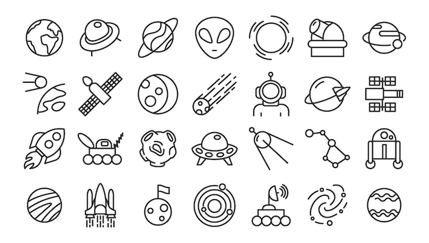 Iconen van ruimtevaartplaneten Astronaut in de kosmos Rocket op satelliet Kosmisch ruimteschip Astronomie pictogrammen Sterrenbeeld UFO ruimteschip Meteoriet en komeet Vector illustratie set