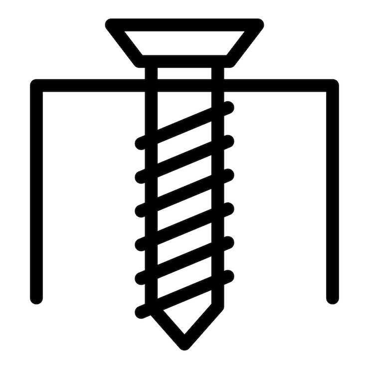 Vector iconen van stalen schroeven, omtrekvector, gipswandconstructie, gipshuis