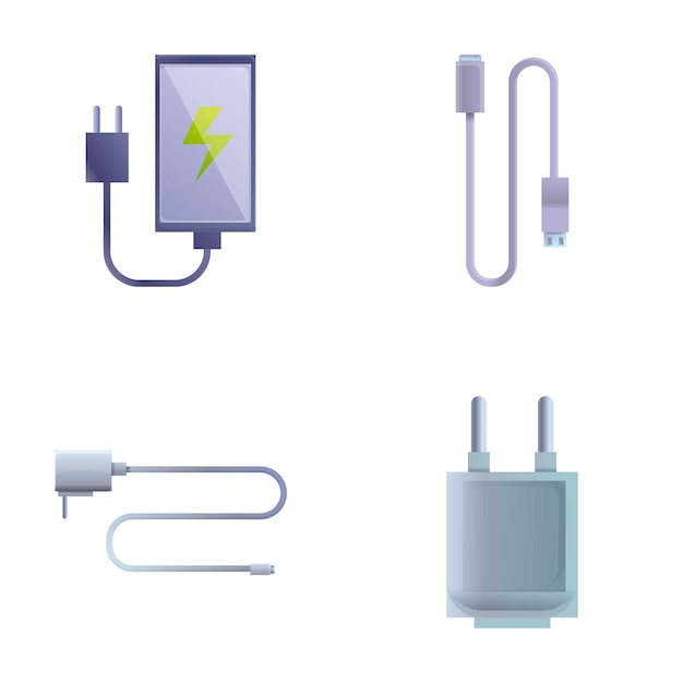 Iconen van telefoonladers, set cartoon vector verschillende soorten moderne laders