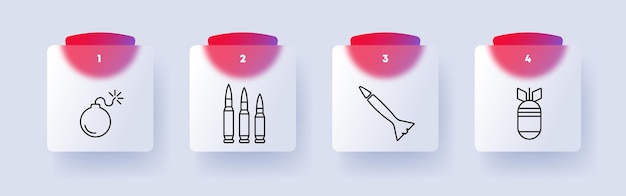 Iconen van wapensets Bomb fuse caliber cartridge capsule rocket warhead silhouettes numbering Concept van gevechtsuitrusting en munitie Glasmorphism stijl