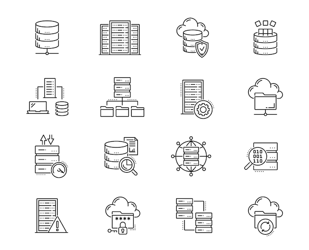 Iconen voor database-netwerkserver en cloudopslag