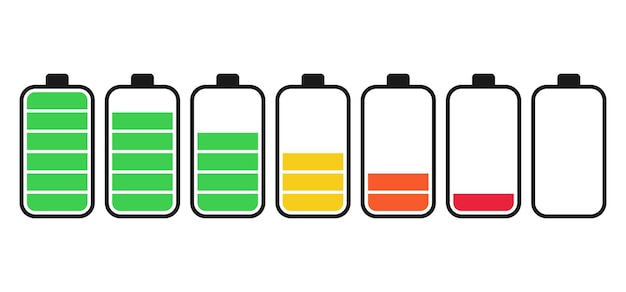 Iconen voor de indicator van de oplading van de batterij, kleur van het niveau van de lading van de telefoon, verzameling van het opladingsvermogen