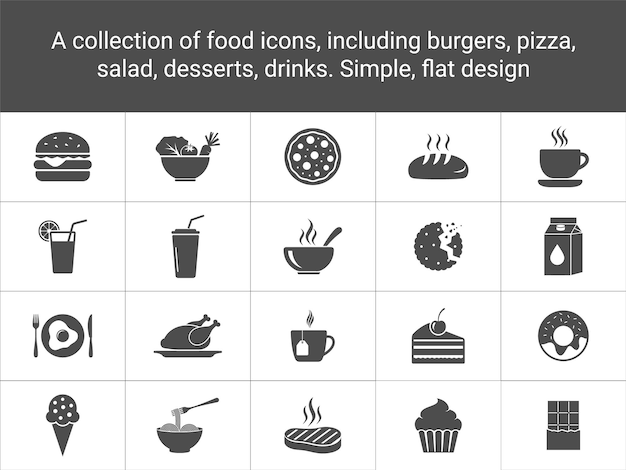 Iconen voor eten Burger Pizza Salade Sap Soep Taart Dessert Amp ontbijt Illustraties