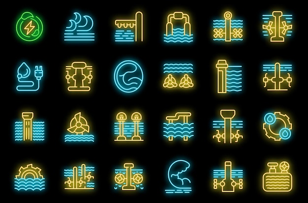 Iconen voor getijdenenergie in vectorneon