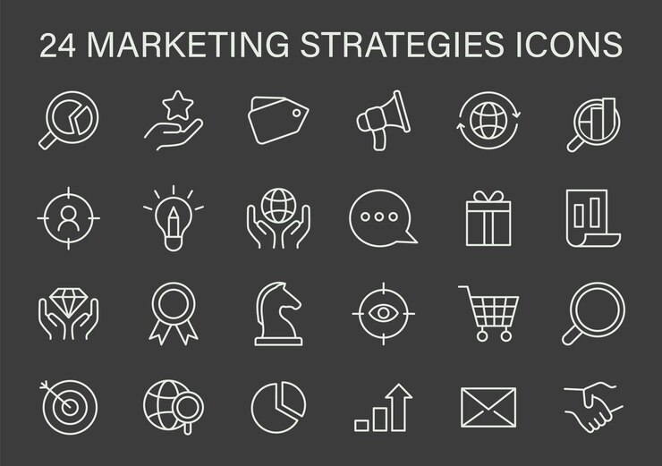 Vector iconen voor marketingstrategieën zijn een verzameling lijniconen die belangrijke marketingstrategieën vertegenwoordigen.