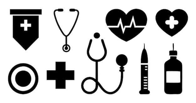 Iconen voor medische technologie en gezondheidszorg, zwart-witte silhouetten