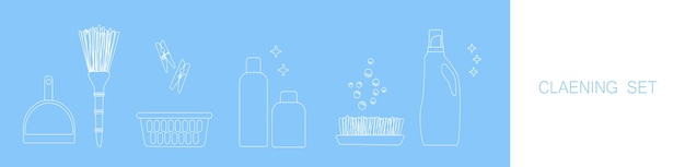 Iconen voor reinigingsgereedschapSjabloon voor tekst Huisreinigingspersoneel Platte ontwerpstijl Reiniging