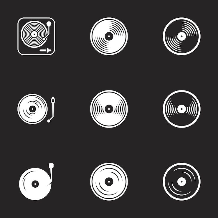 Vector iconen voor thema vinyl zwarte achtergrond