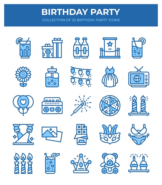 Iconen voor verjaardagsfeesten Een verzameling van 25 feestelijke icoontjes