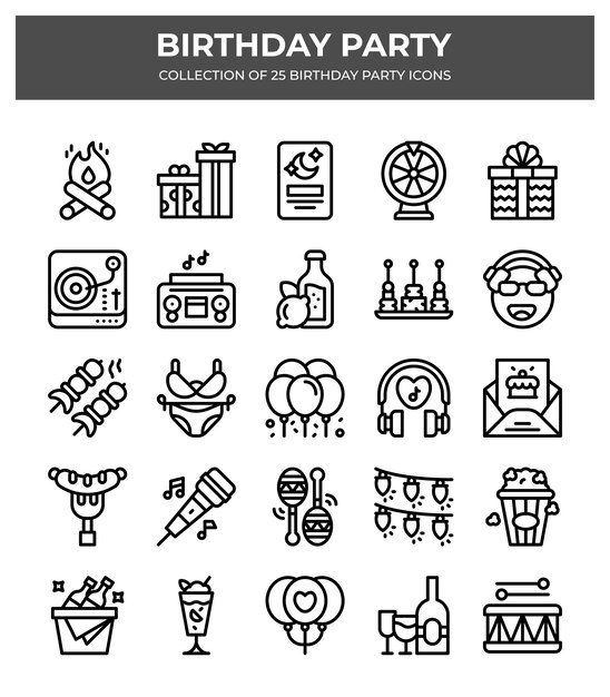 Iconen voor verjaardagsfeesten Een verzameling van 25 feestelijke vectorsymbolen