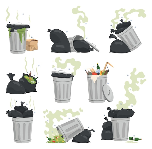 Iconen voor vuilnis of afval Metalen en plastic vuilniscontainers met ongesorteerd afval Vuilniszakken die lelijk ruiken en beginnen te ontbinden Ecologie en milieu concept Geïsoleerd op witte achtergrond