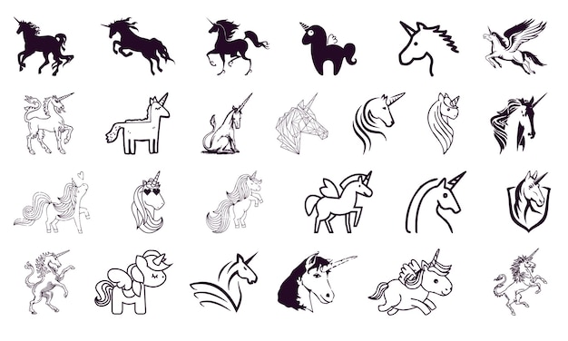 Vector iconencollectie van eenhoorns en paarden