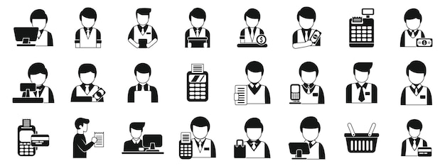 Iconenverzameling voor mannelijke kassiers en werknemers in de detailhandel die kassa's en postterminals gebruiken