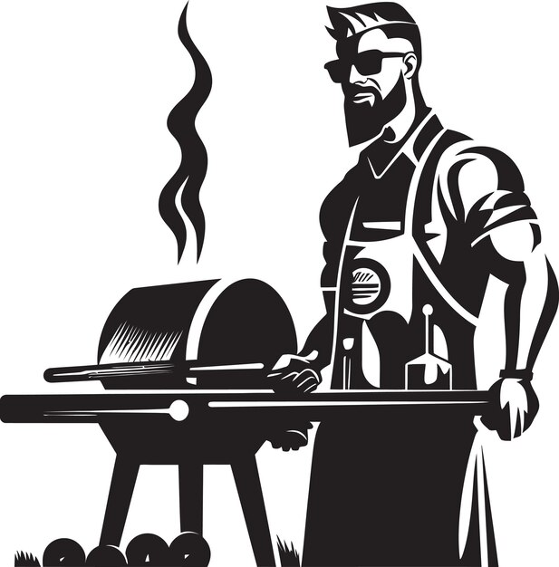 Iconic BBQ Moments Black Vector Design Vector Flames Man Barbequeing Emblem