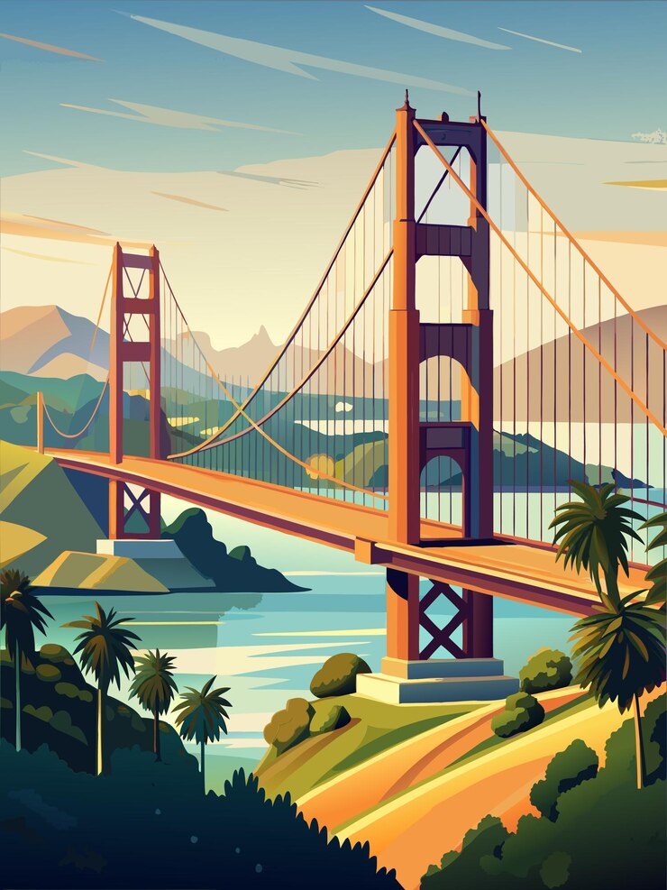 Vector iconic golden gate bridge with scenic bay and mountainous background