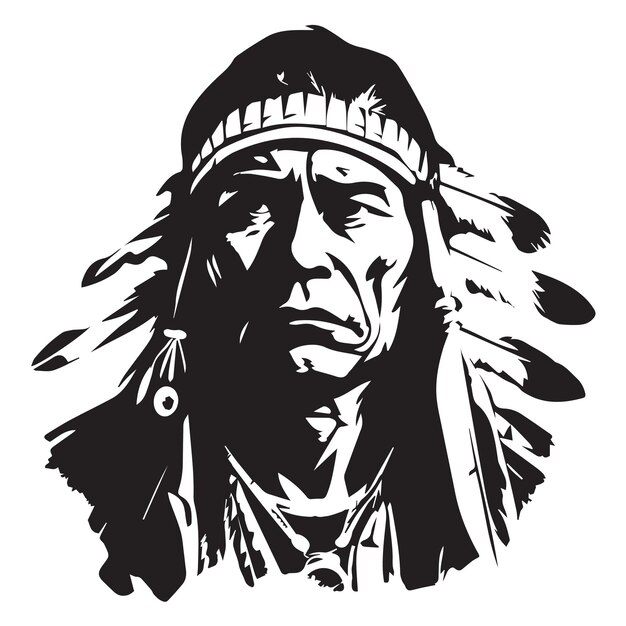 Vector an iconic native american chief in a black and white vector illustration capturing the tribal art