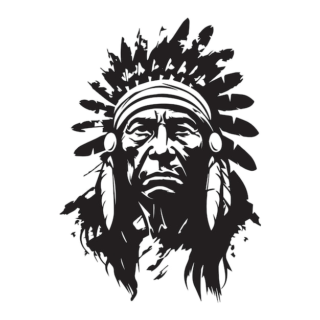 An iconic Native American chief in a black and white vector illustration capturing the tribal art