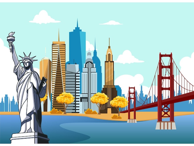 Iconische Amerikaanse bezienswaardigheden Vrijheidsbeeld en Golden Gate Bridge
