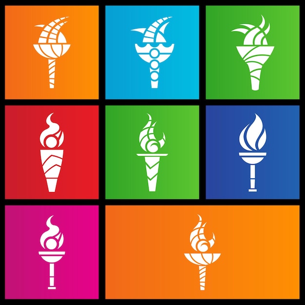 Vector icons of ancient torches on colorful square shapes