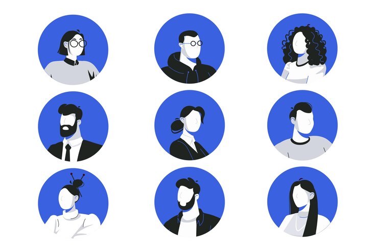 Vector icons blue and black characters in the flat cartoon style black and white image of the faces